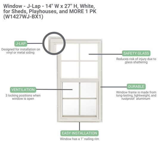 14" x 27" J-Lap Sliding Shed Window | Tempered Glass, Screened, Rustproof Frame