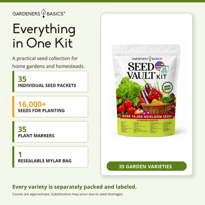 Vegetable Seed Vault Kit – 35 Heirloom Non-GMO Vegetable Seeds for Gardening & Survival Food Storage