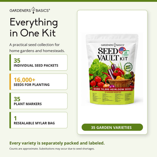 Vegetable Seed Vault Kit – 35 Heirloom Non-GMO Vegetable Seeds for Gardening & Survival Food Storage