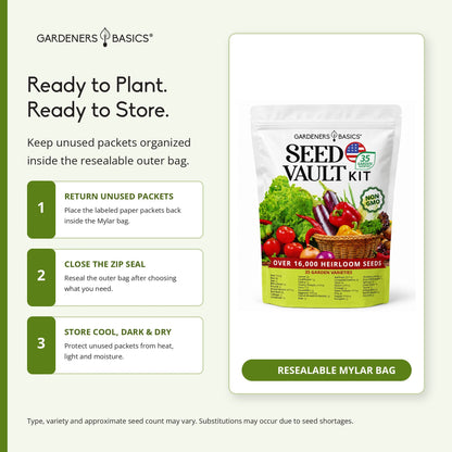 Vegetable Seed Vault Kit – 35 Heirloom Non-GMO Vegetable Seeds for Gardening & Survival Food Storage