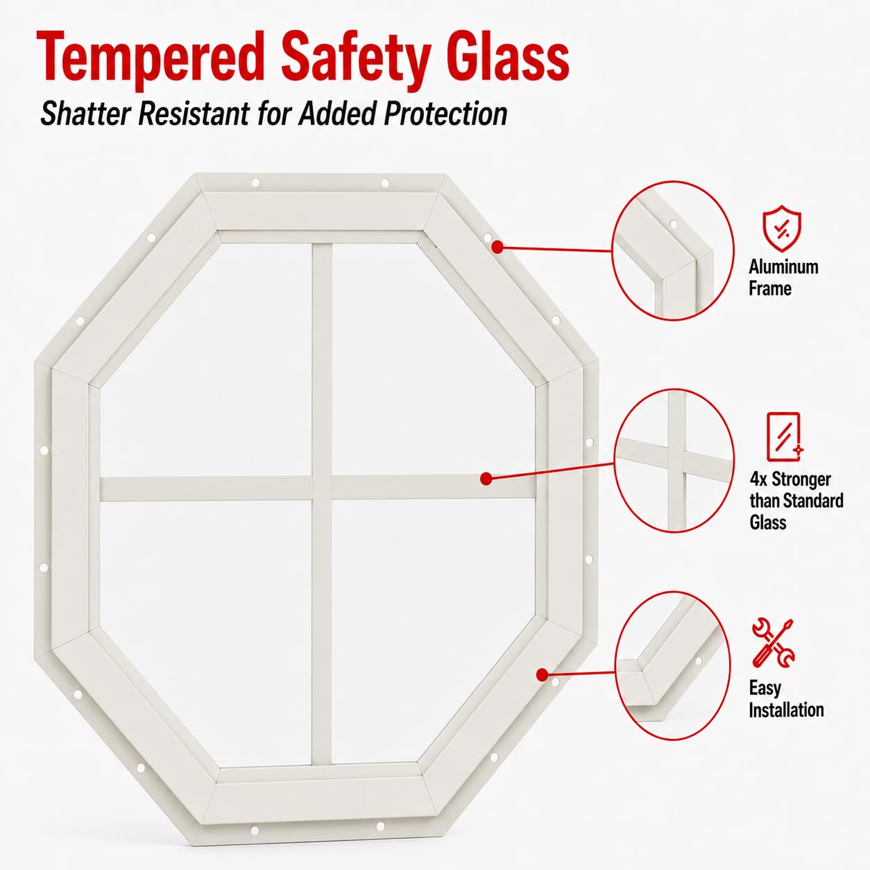 14" & 18" PVC Octagon Gable Window, Fixed Flush Mount