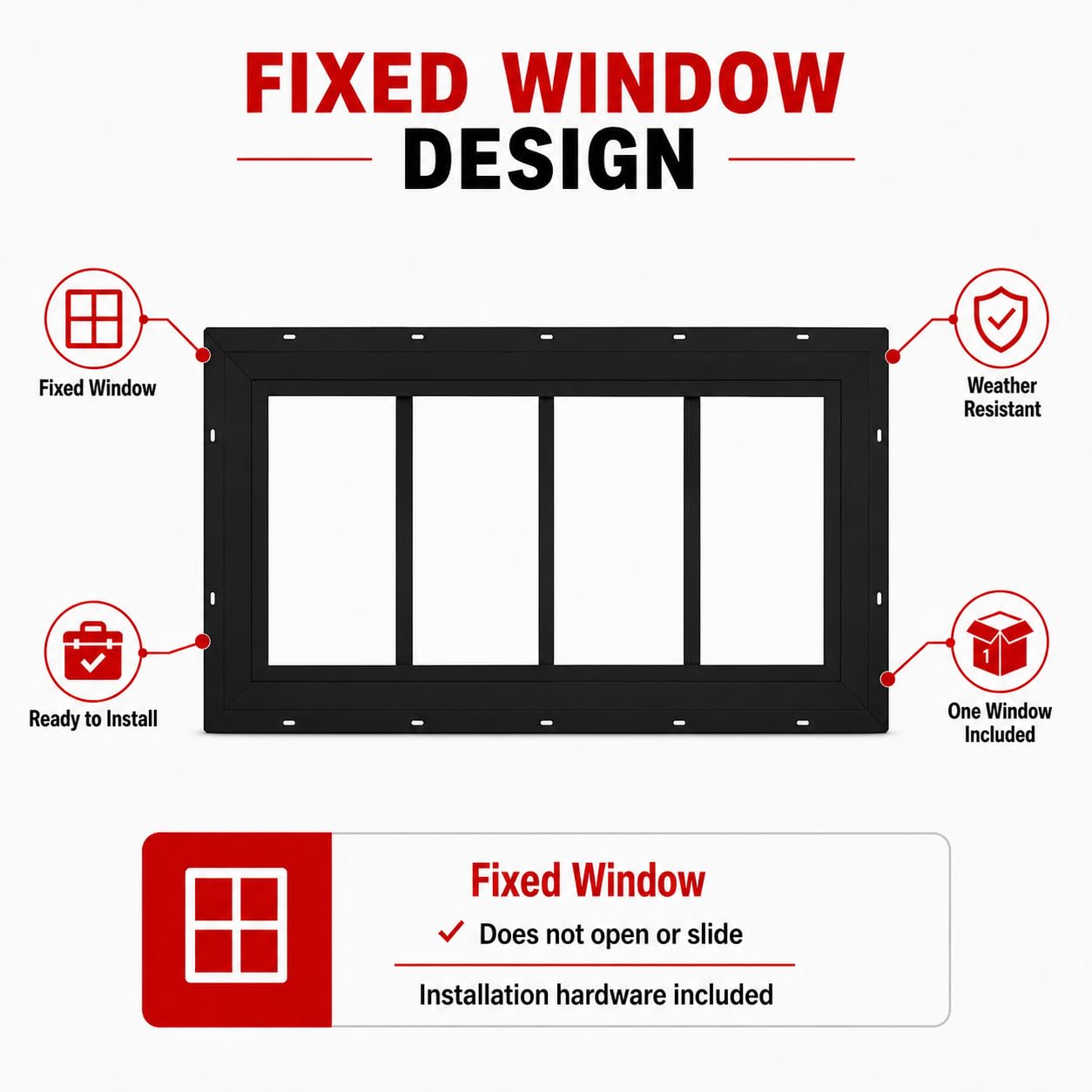 10" x 18"-24" Transom Window, Fixed Flush Mount, 4-Lite