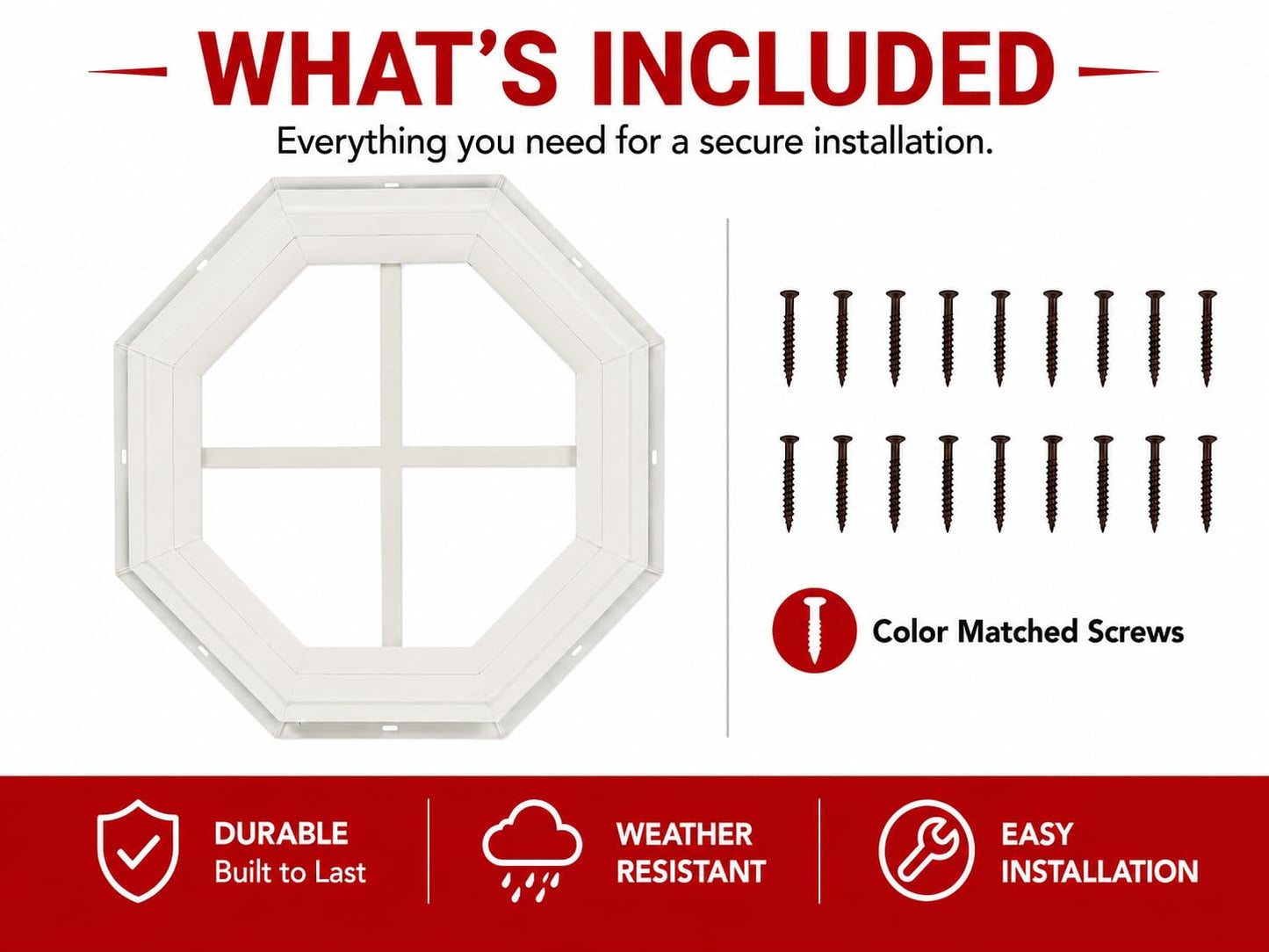 14" & 18" PVC Octagon Gable Window, Fixed Flush Mount