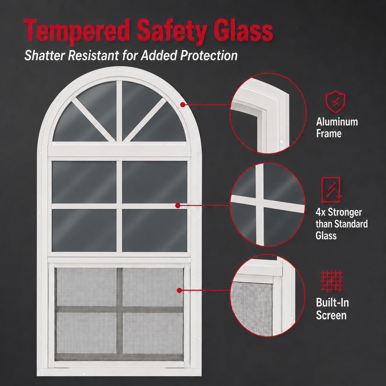 Apple Outdoor Supply 14x21 Shed Window, Arch Top Flush Mount Sliding Window with Tempered Glass & Screen, White, 1-Pack