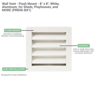 Wall Vent 8" x 8" Flush Mount Aluminum for Sheds, Playhouses, and Chicken Coops 1 PK
