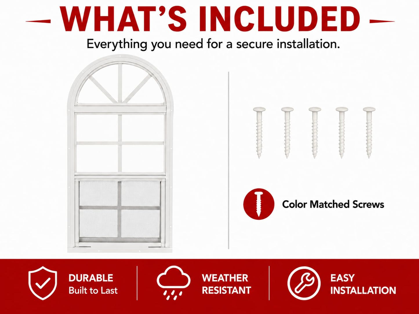 Apple Outdoor Supply 14x21 Shed Windows, Arch Top Flush Mount Sliding Windows with Tempered Glass & Screens, White, 2-Pack