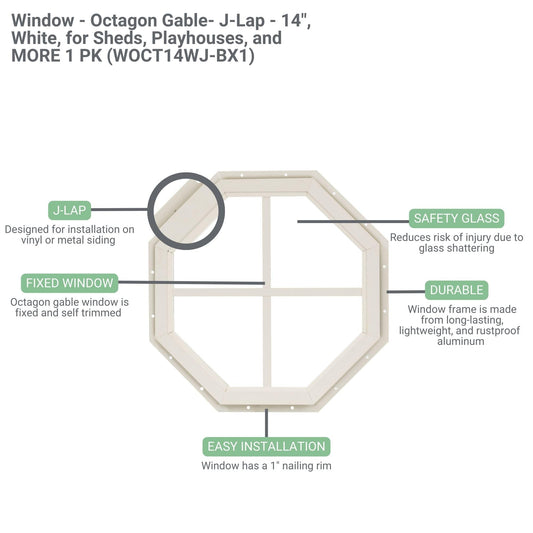 Shed Window 14" Octagon Gable J-Lap, Tempered Glass, for Sheds, Playhouses, and Chicken Coops 1 PK (WOCT14WJ-BX1)
