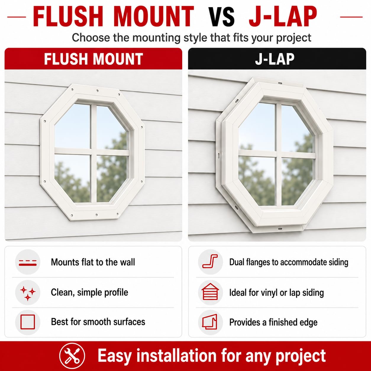 14" & 18" Octagon Gable Window, Fixed Flush Mount