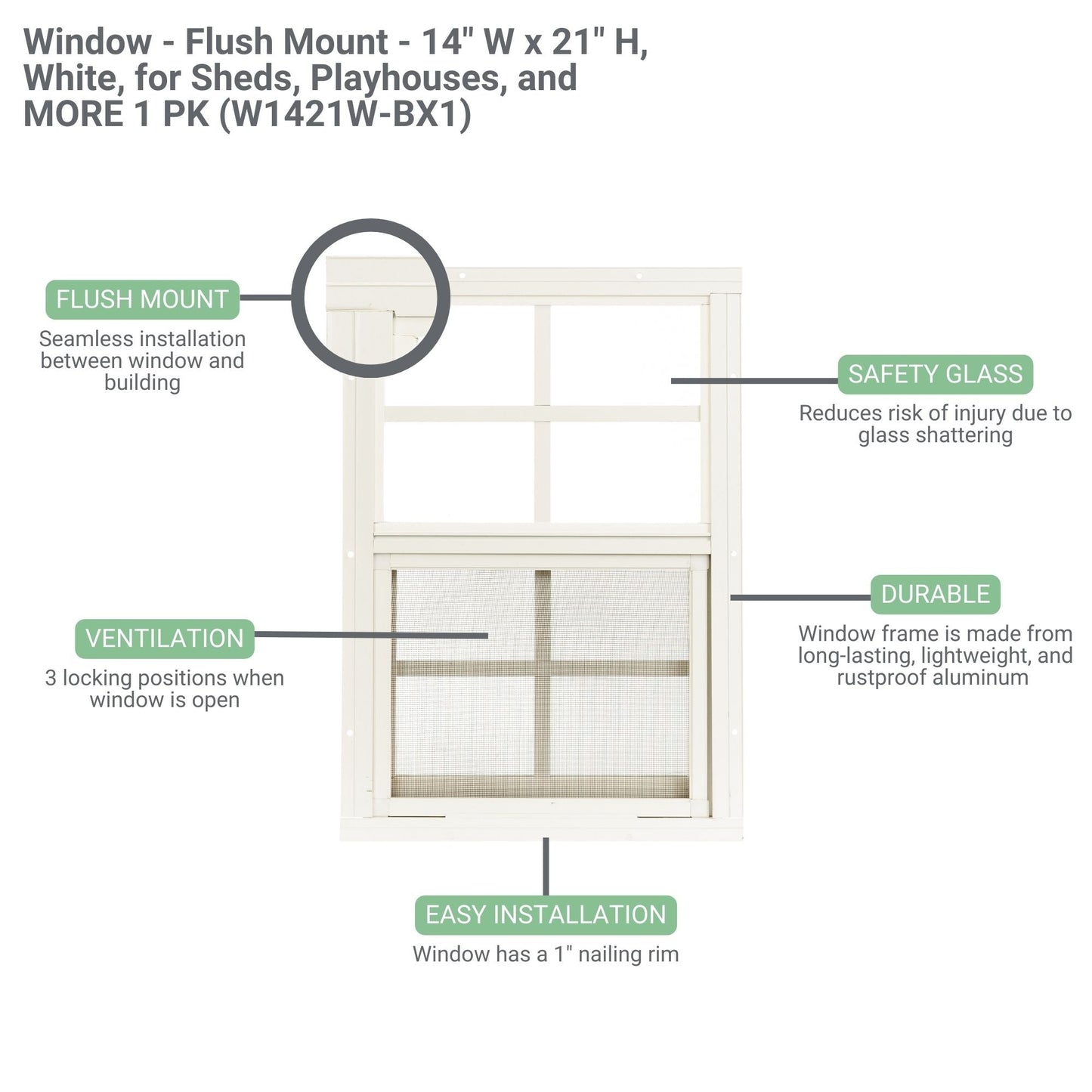 14" x 21" Flush Mount Sliding Shed Window | Tempered Glass, Screened, Rustproof Frame