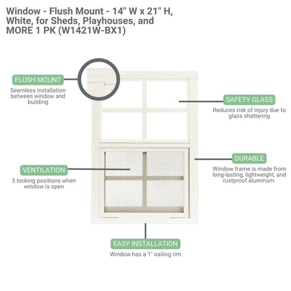 14" x 21" Flush Mount Sliding Shed Window | Tempered Glass, Screened, Rustproof Frame