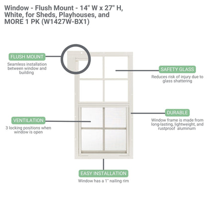 14" x 27" Flush Mount Sliding Shed Window | Tempered Glass, Screened, Rustproof Frame