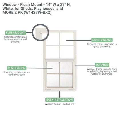 14" x 27" Flush Mount Sliding Shed Window 2 Pack | Tempered Glass, Screened, Rustproof Frame