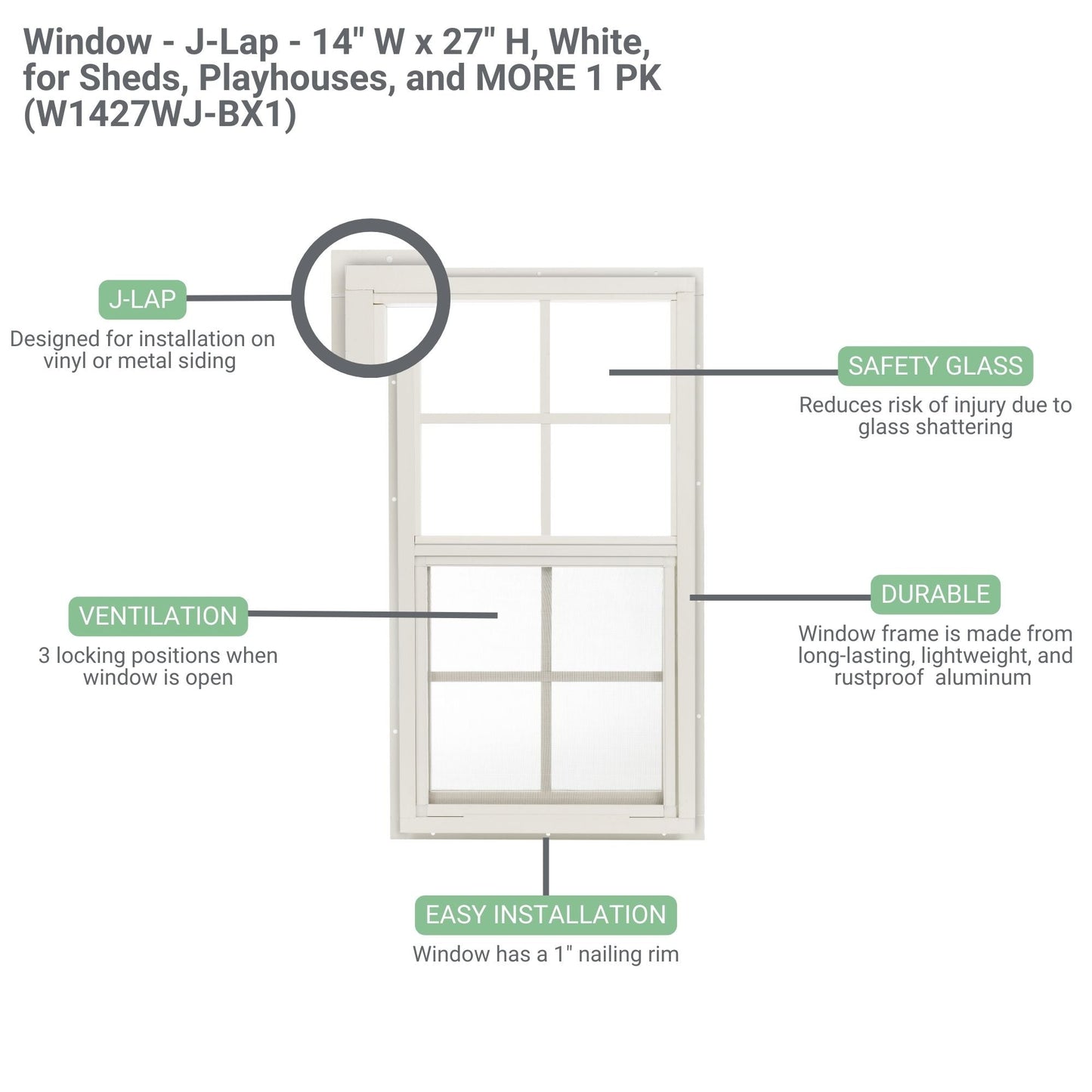 14" x 27" J-Lap Sliding Shed Window | Tempered Glass, Screened, Rustproof Frame