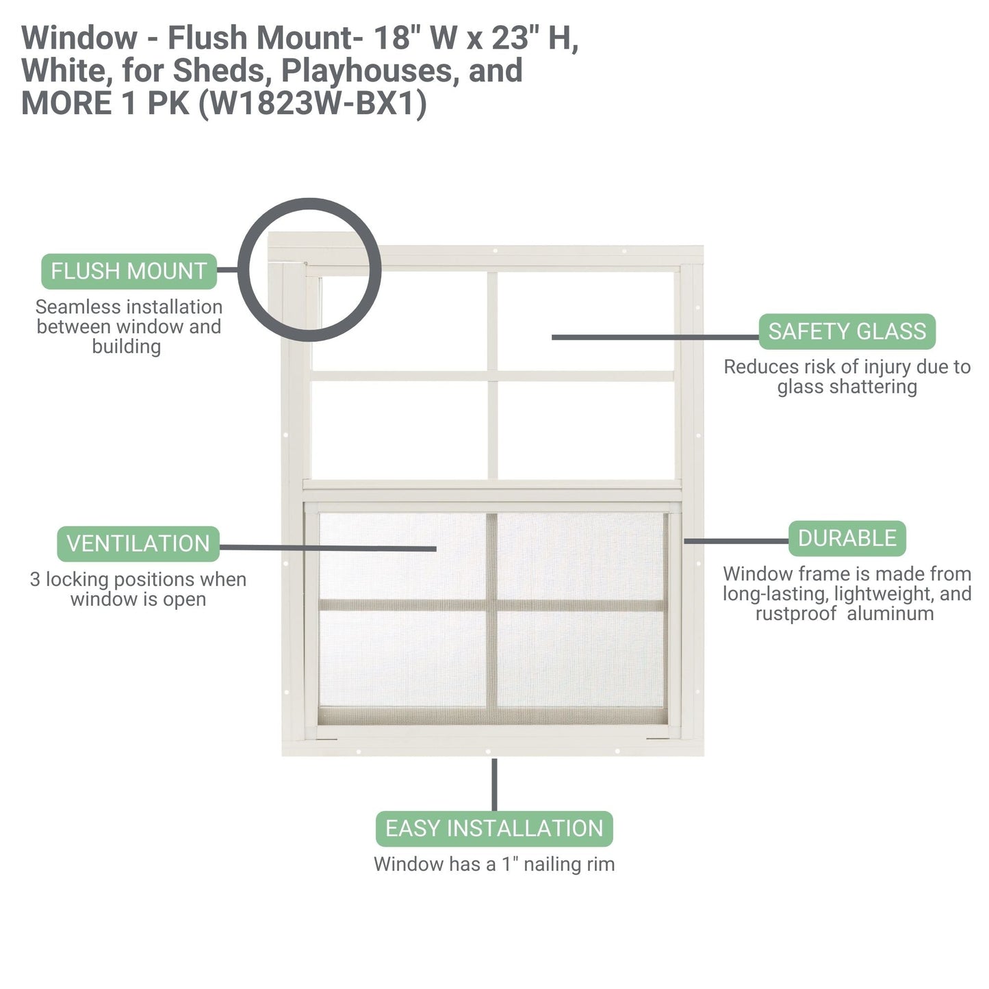 18" x 23" Flush Mount Sliding Shed Window | Tempered Glass, Screened Aluminum Frame