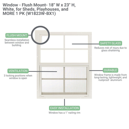 18" x 23" Flush Mount Sliding Shed Window | Tempered Glass, Screened Aluminum Frame
