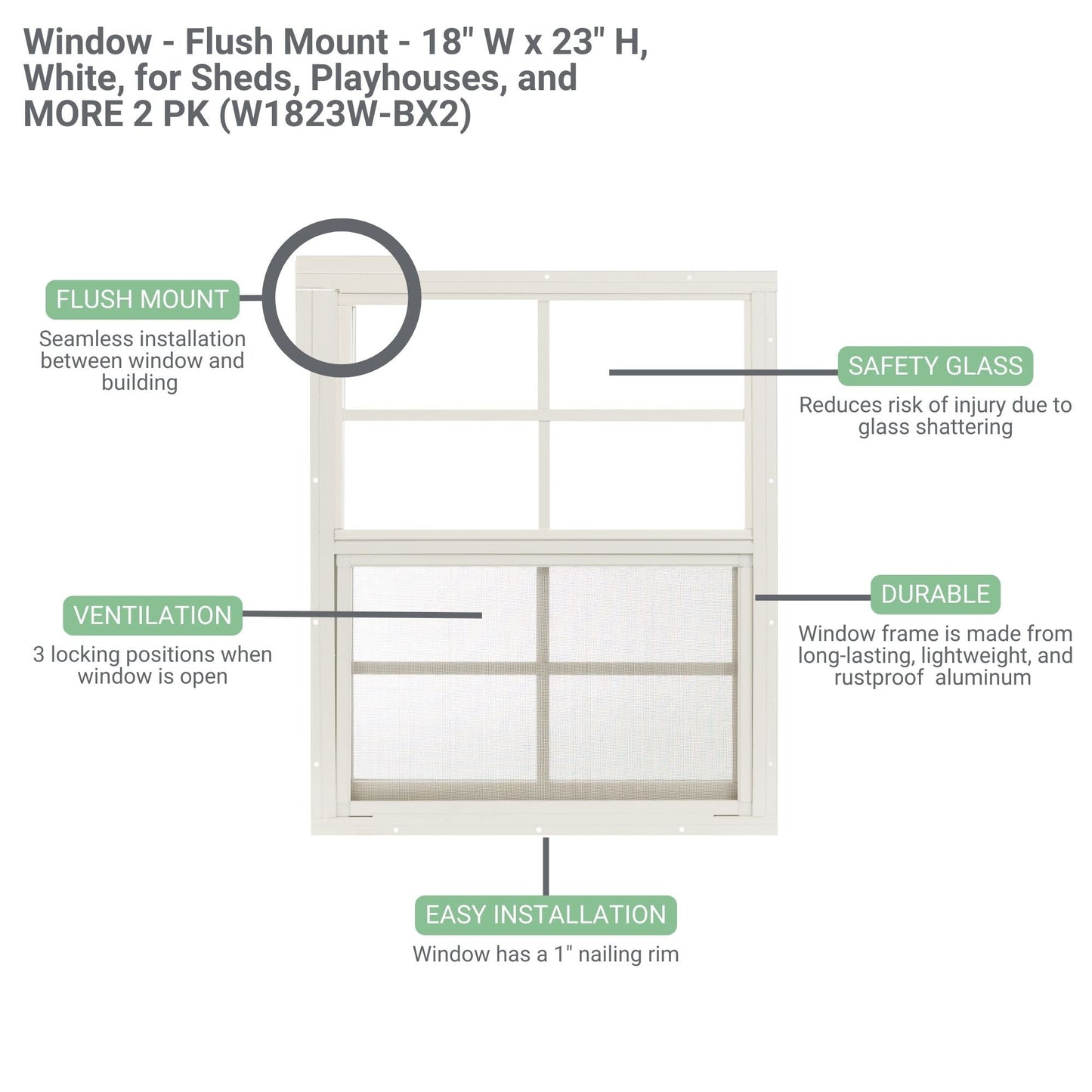 18" x 23" Flush Mount Sliding Shed Window 2 Pack | Tempered Glass, Screened Aluminum Frame