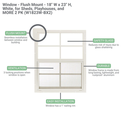 18" x 23" Flush Mount Sliding Shed Window 2 Pack | Tempered Glass, Screened Aluminum Frame