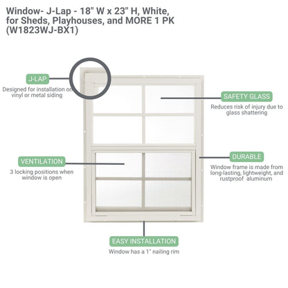 18" x 23" J-Lap Sliding Shed Window  |  Tempered Glass, Screened Aluminum Frame
