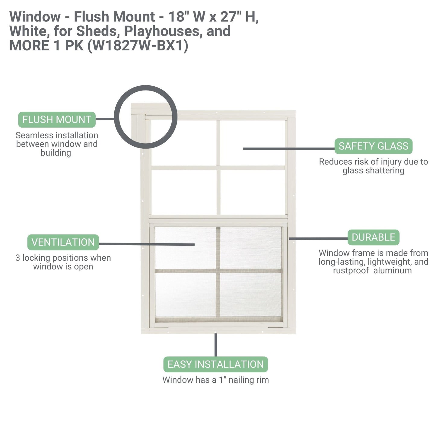 18" x 27" Flush Mount Sliding Shed Window | Tempered Glass, Screened, Rustproof Frame