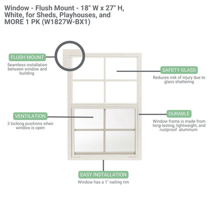 18" x 27" Flush Mount Sliding Shed Window | Tempered Glass, Screened, Rustproof Frame