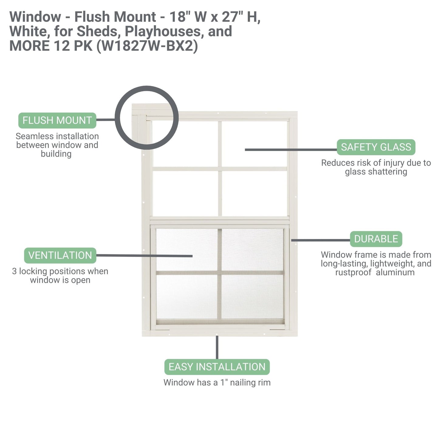 18" x 27" Sliding Shed Windows 2 Pack– Flush Mount, Tempered Glass, Screened Aluminum Frame