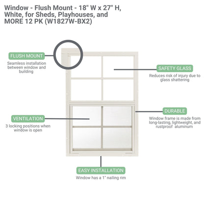 18" x 27" Sliding Shed Windows 2 Pack– Flush Mount, Tempered Glass, Screened Aluminum Frame