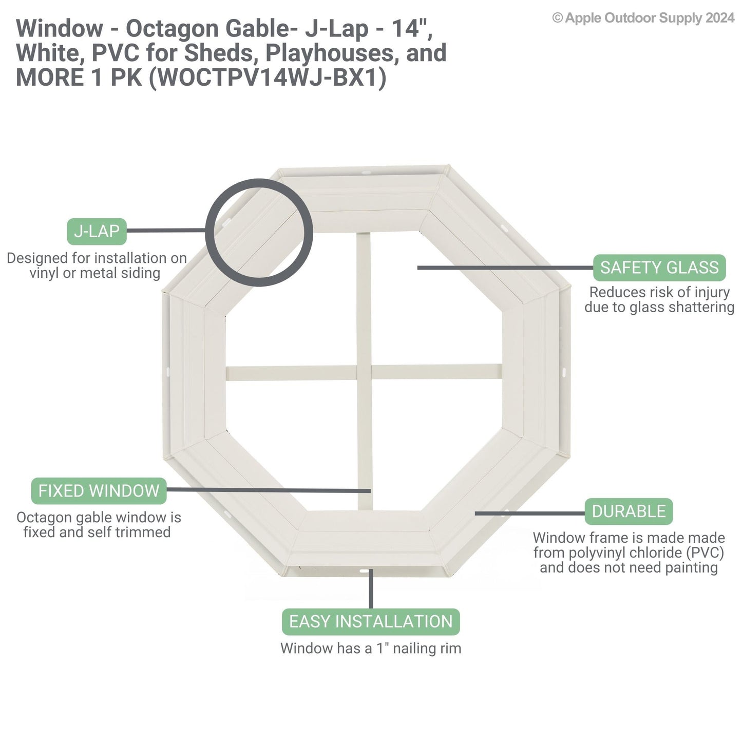 14" Octagon Gable J-Lap Shed Window, PVC