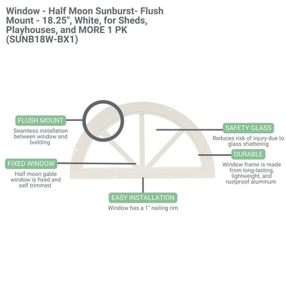 18.25" Half Moon Sunburst Flush Mount Shed Window