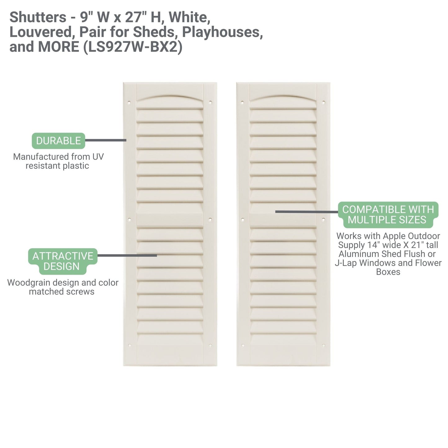 9" W x 27" H Louvered Shutters - 1 Pair
