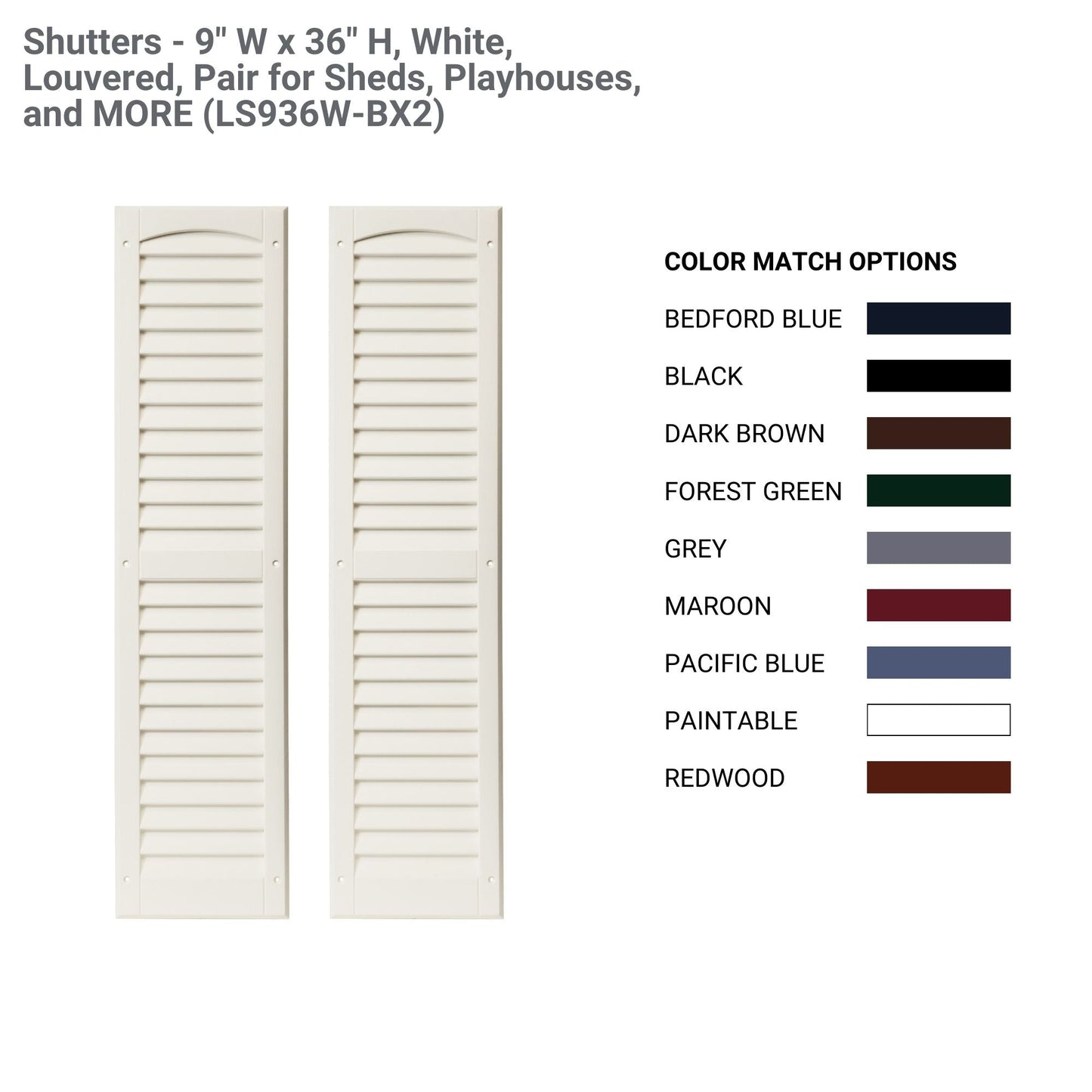 9" W x 36" H Louvered Shutters - 1 Pair