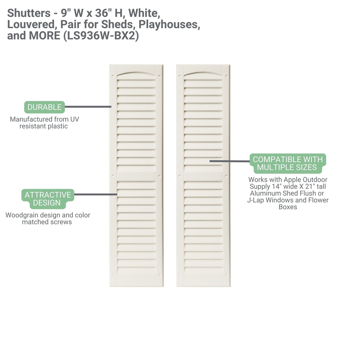 9" W x 36" H Louvered Shutters - Paintable - 1 Pair