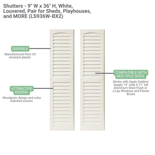 9" W x 36" H Louvered Shutters - Paintable - 1 Pair