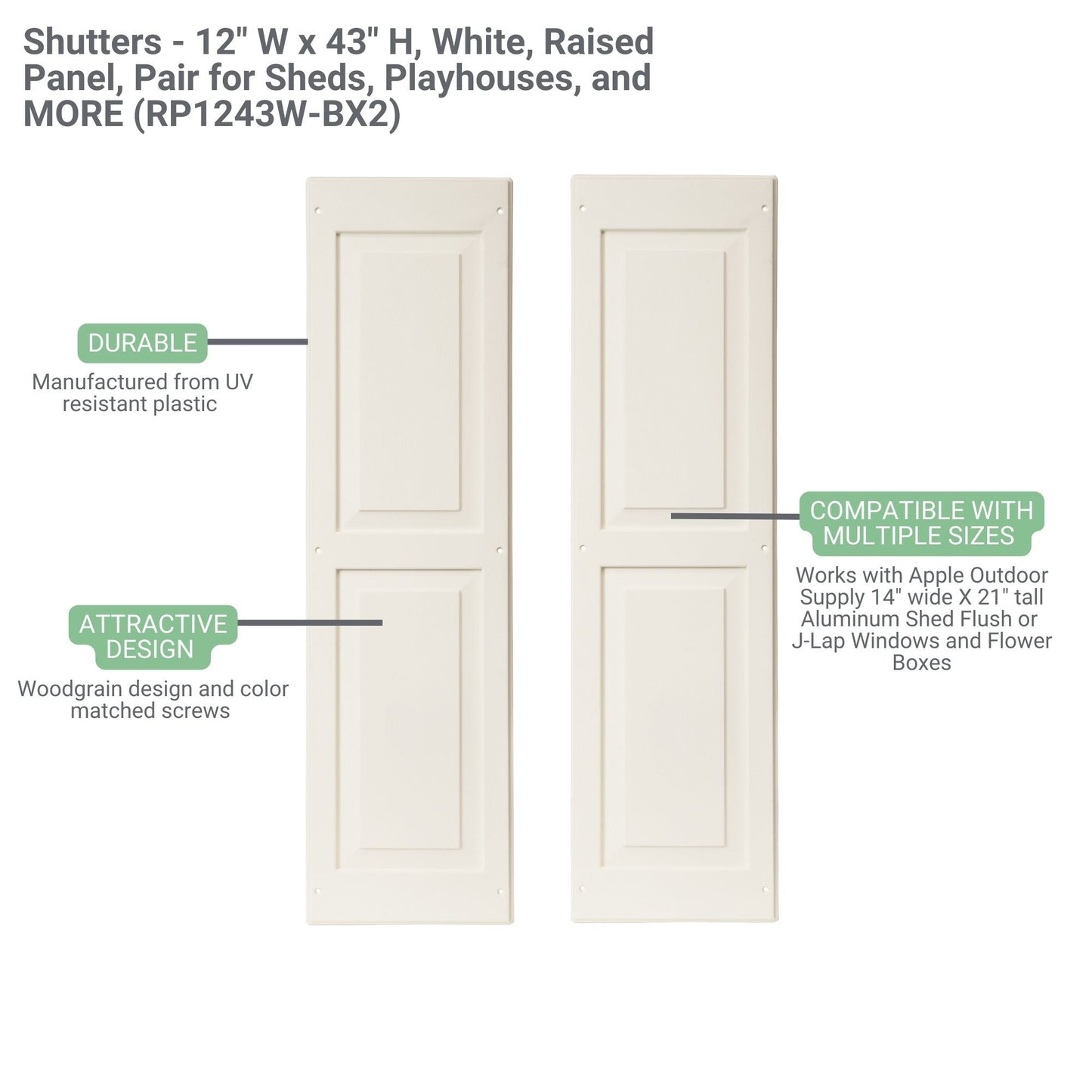 12" W x 43" H Raised Panel Shutters - 1 Pair