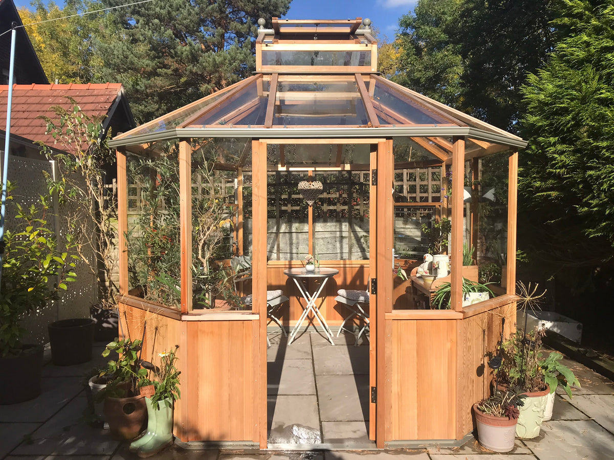 octagonal greenhouse front exterior view