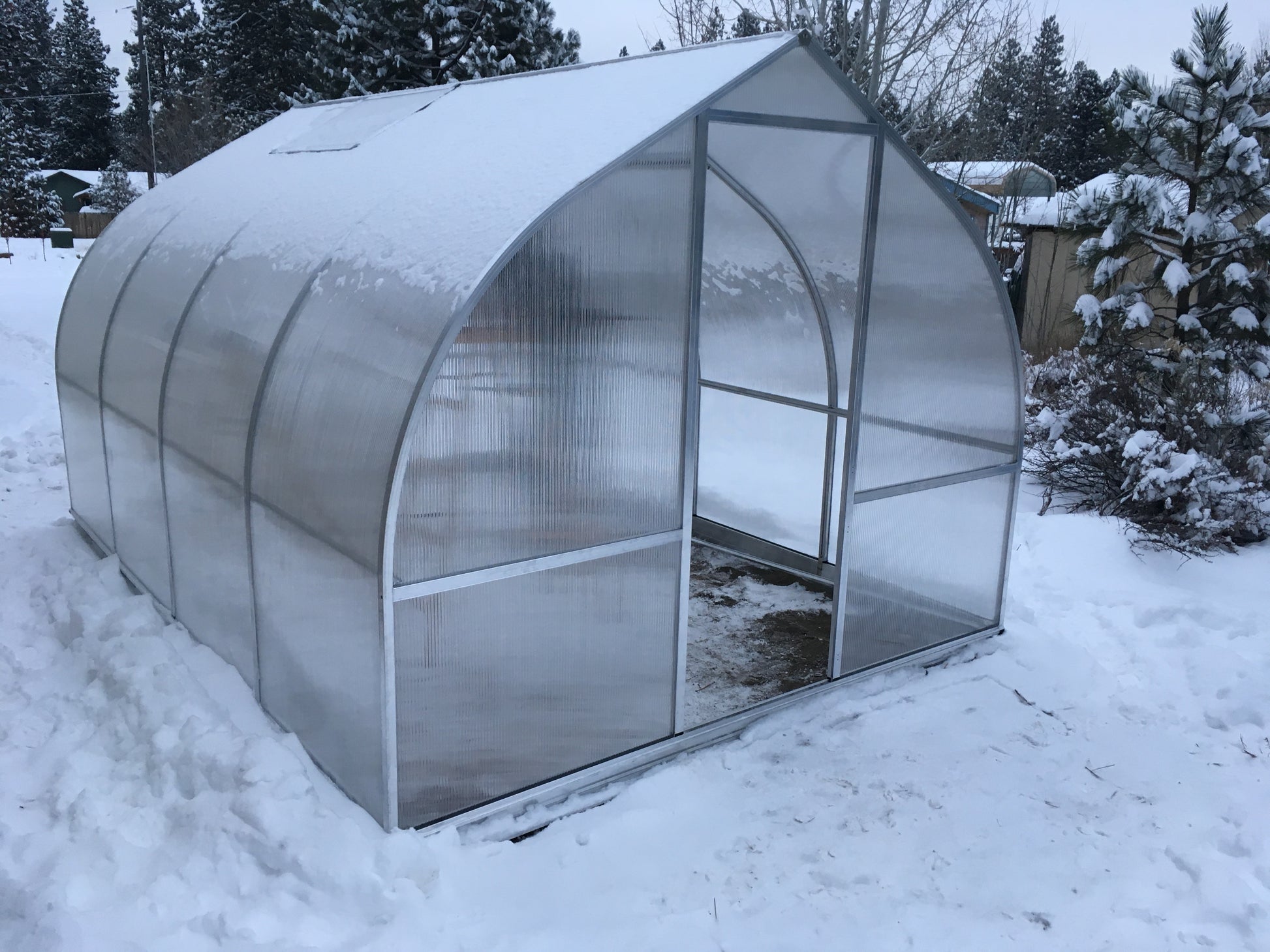 Riga 4 Large Polycarbonate Greenhouse Snow Door Open