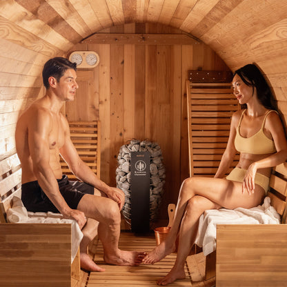 Barrel Outdoor Sauna - 6 Person w/ Harvia Spirit Wi-Fi 8kW Heater