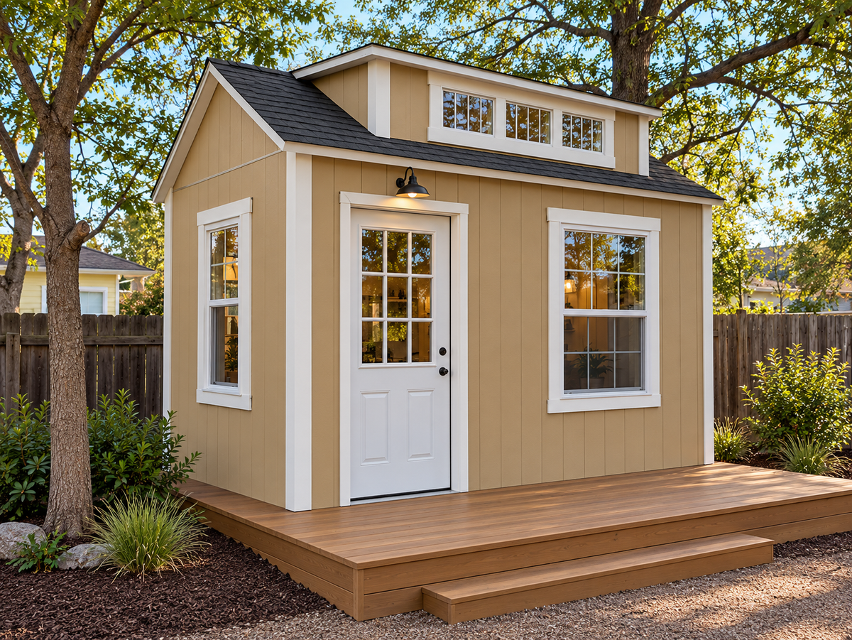 Custom studio shed in Denver, enhanced with AI landscaping