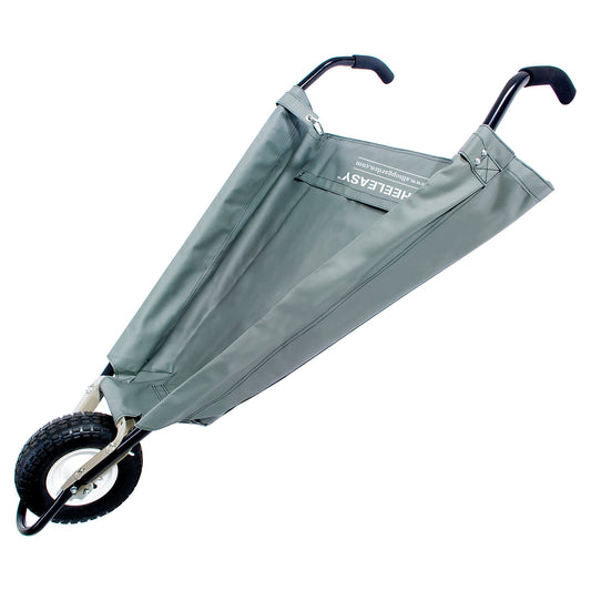 Gray foldable wheelbarrow with a handles