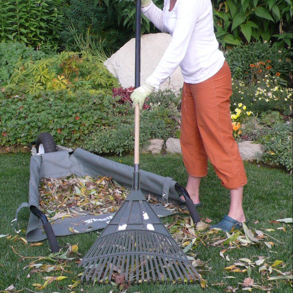 Raking leaves in a collapsible garden cart in Colorado