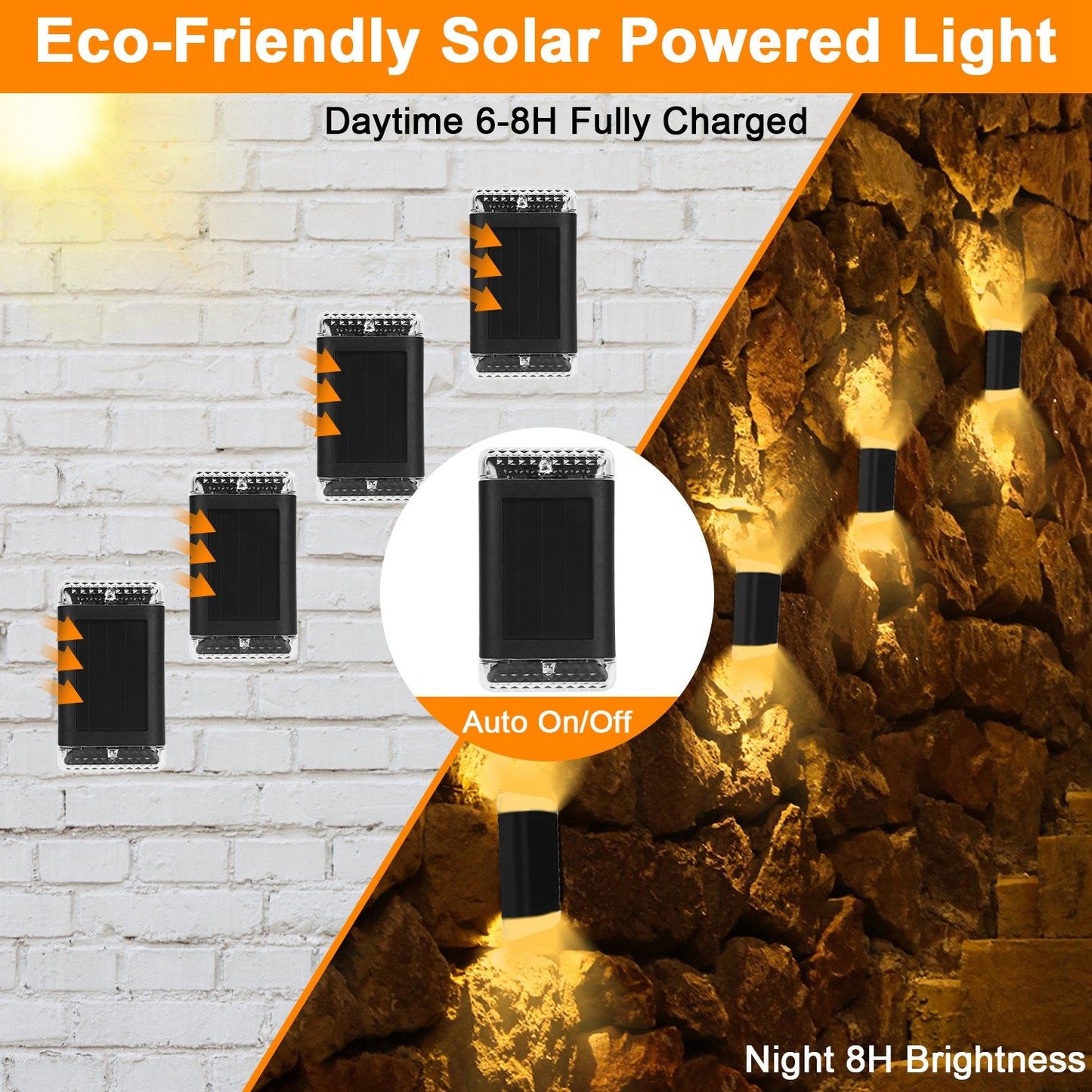 4Pack Solar Powered Wall Sconce Light IP55 Waterproof Rechargeable Optical Sensor Lamp Warm Yellow Lighting Lamp for Outdoor Fence Path Deck Patio