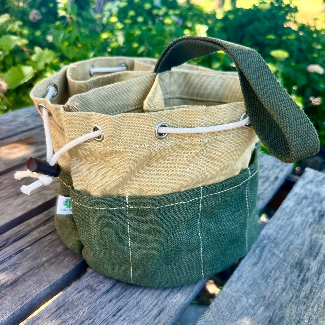 Garden tool organizer bucket bag outside in colorado