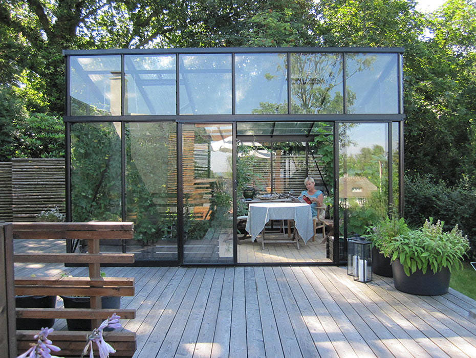 janssen modern greenhouse shed-style roof full glass walls Denver Colorado South Table Sheds