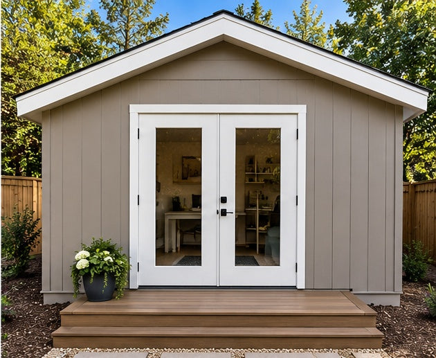 Backyard studio shed with double glass doors, enhanced with AI landscaping